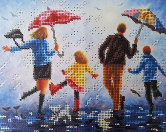 Bead Embroidery Kit: Happy family - Under the Rain Beaded Cross Stitch DIY Gift Kit