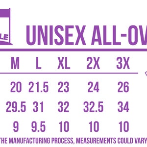 May include: A size chart for a unisex t-shirt with the text "Run the Impossible" and "Unisex All-Over". The chart shows measurements in inches for width, length, and sleeve length for sizes S, M, L, XL, 2X, and 3X.