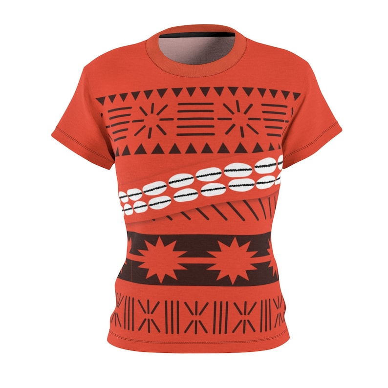 May include: Red t-shirt with a Polynesian-inspired pattern in black and white. The pattern includes geometric shapes, stars, and seashells.