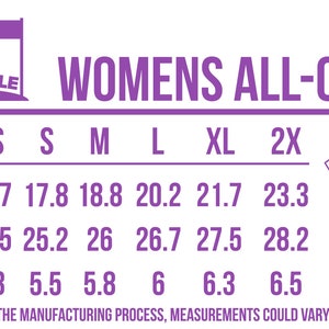 May include: A size chart for women's clothing with measurements in inches for width, length, and sleeve length. The chart includes sizes XS, S, M, L, XL, and 2X. The chart is labeled "Women's All-Over".