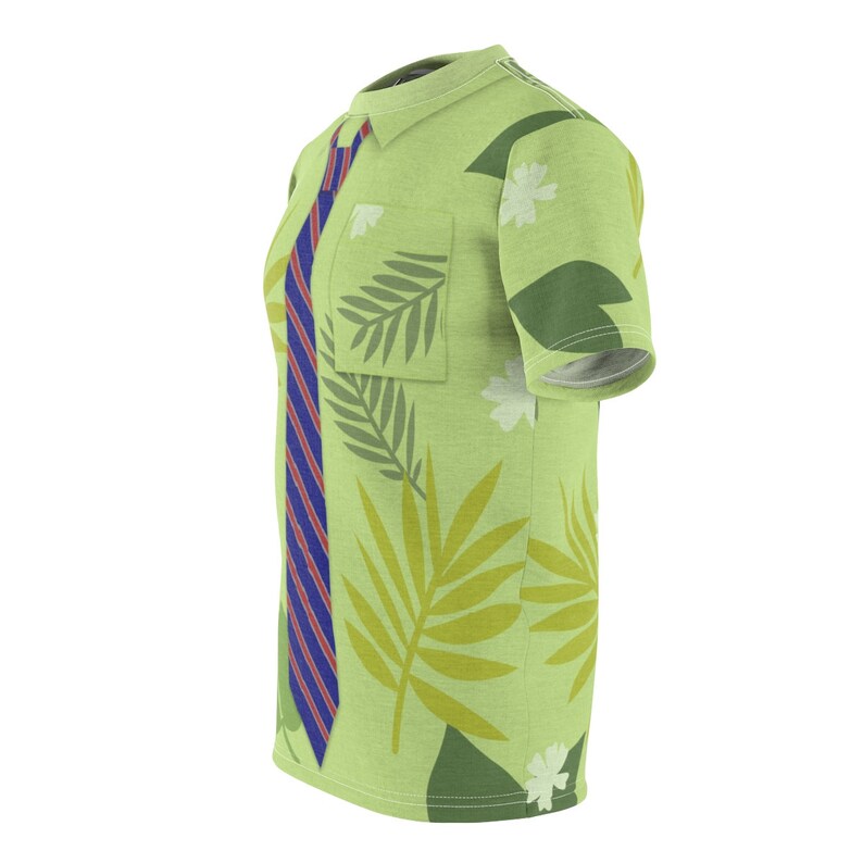 May include: A green short-sleeved shirt with a tropical leaf pattern and a blue and red striped tie.