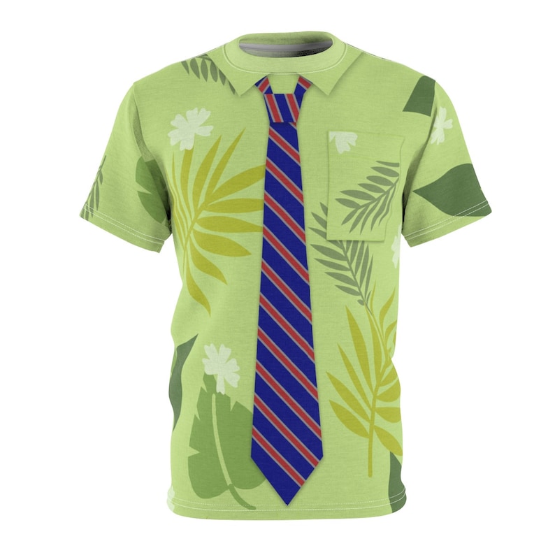 May include: A green short-sleeved shirt with a tropical leaf pattern and a blue and red striped tie.