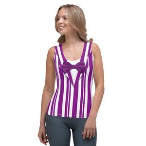 May include: Purple and white striped tank top with a purple bow tie design. The tank top has a sleeveless design.