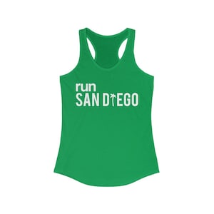 May include: Green tank top with white text that says "run SAN DIEGO" with a palm tree icon.