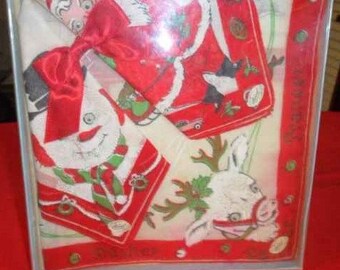 Rare! 3 pair Handkerchiefs 1950s Googly eye, Frosty Snowman,  Santa Claus Rudolph Red-Nosed Reindeer.  Complete with Hankies NIB