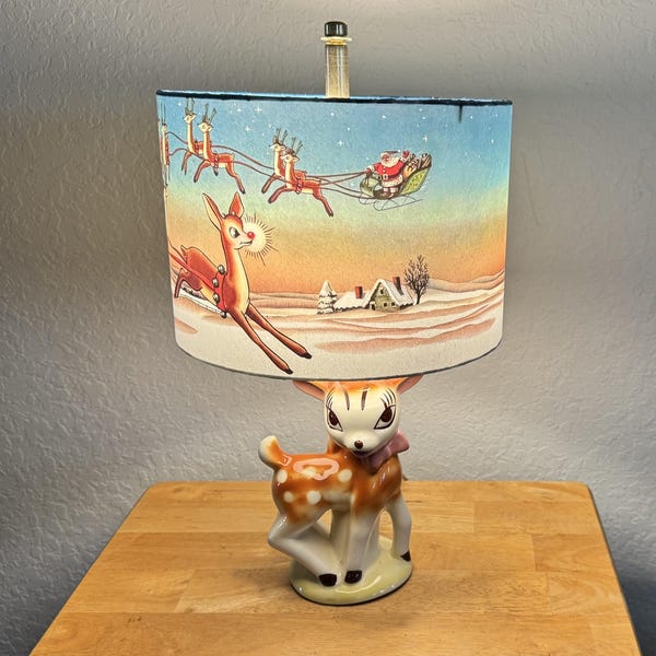 Christmas Vintage Rudolph Red Nosed Reindeer Nursery Table Baby Fawn Deer Lamp and Shade- Montgomery Ward 1950s Christmas Decor