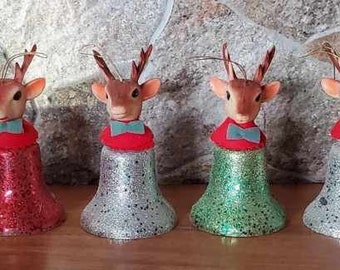RARE! 1950s Montgomery Ward Soft Rubber Head Felt Bell Rudolph Reindeer Christmas Tree Ornaments
