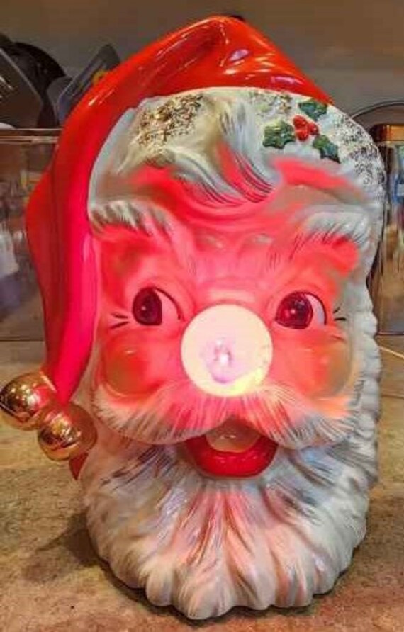 Relpo Samson Light up Nose Christmas Santa Claus Head Vase Japan