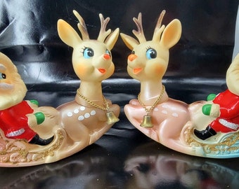 RARE!  Colored 1950s Vintage Mid Century Santa And Reindeer On Sleigh Made In Japan Pink or Blue Rubber Figurines Christmas Display