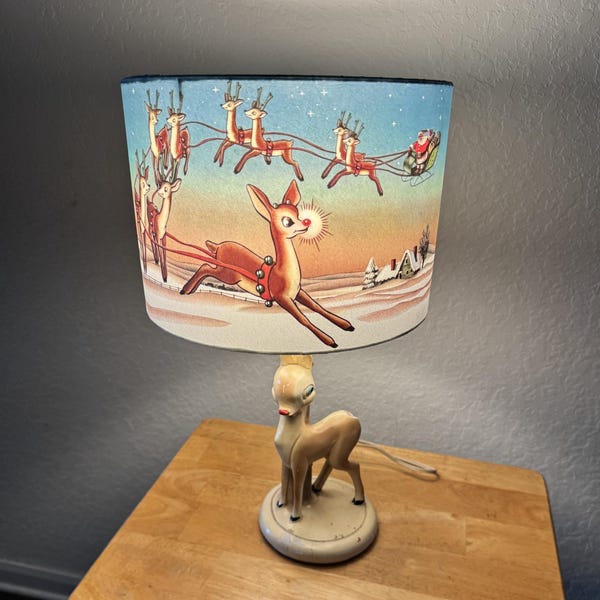 Christmas Vintage Rudolph Red-Nosed Reindeer Lamp w/ Shade: 1940s Montgomery Ward Perky Figurine