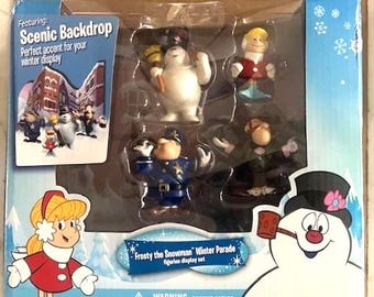 ¡Frosty el Muñeco de Nieve en Desfile con Fondo Escénico! Figura de Acción Navideña Forever Fun de Rankin Bass Round 2. Nueva en Caja.