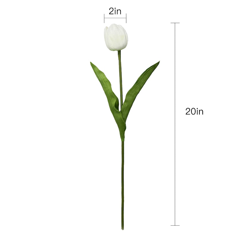 May include: A single white artificial tulip with green leaves on a white background. The tulip is 2 inches wide and the stem is 20 inches long.