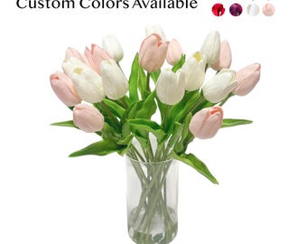 Élégant bouquet de tulipes fabriqué à la main - 20 tulipes artificielles au toucher réel dans un vase en verre avec de l'eau artificielle, 40 cm de haut