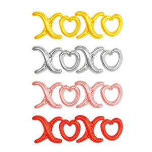 May include: Four sets of XOXO balloons in different colors: gold, silver, pink, and red. Each set features two X balloons and one heart balloon.