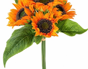 Ramo de girasoles artificiales, 7 tallos de girasoles artificiales naranjas, flores de seda de 35 cm para decoración de otoño, hogar y bodas.