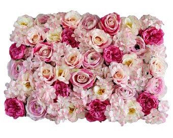 Flower Wall Panel 23" x 15" Artificial  Roses Hydrangeas for Wedding & Party Background Decoration Pink/White