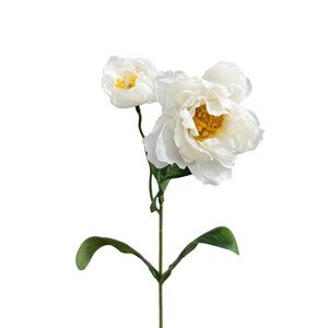 May include: A single white artificial flower with a yellow center and green leaves.