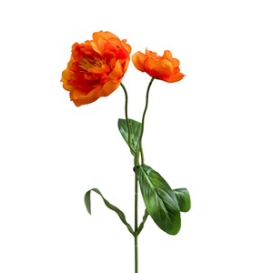 May include: A single stem of orange silk flowers with green leaves.