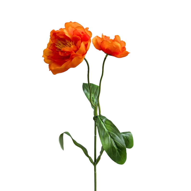 May include: A single stem of orange silk flowers with green leaves.