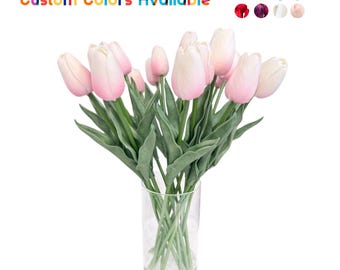 Élégant bouquet de tulipes fabriqué à la main - 20 tulipes artificielles au toucher réel dans un vase en verre avec de l'eau artificielle, 40 cm de haut