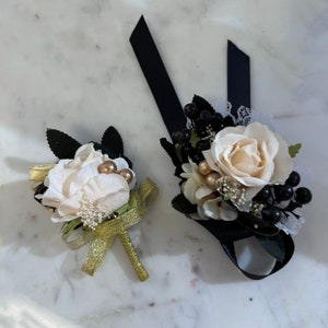 Wedding Wrist Corsage & Boutonniere Artificial Rose Black/Gold