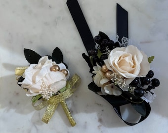 Wedding Wrist Corsage & Boutonniere Artificial Rose Black/Gold