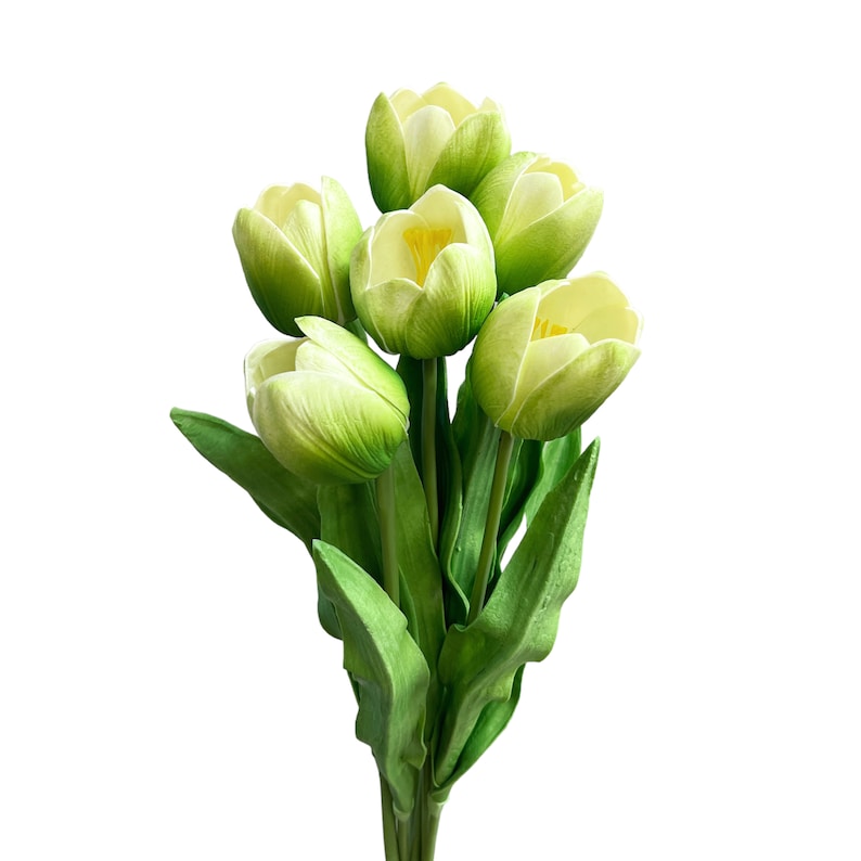 May include: A bouquet of six artificial green tulips with yellow centers. The tulips are arranged in a cluster with their stems extending downwards.