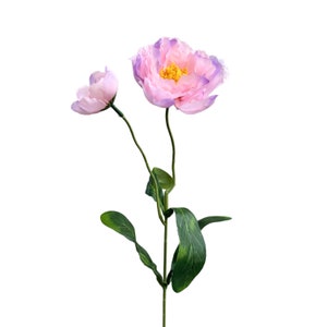 May include: A single stem of artificial flowers with two pink blossoms and green leaves. The larger blossom has a purple hue around the edges.