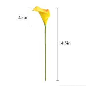 May include: A single artificial calla lily with a bright yellow bloom. The flower measures 2.5 inches across and the stem is 14.5 inches long. The stem is green, and the flower is a vibrant yellow with a touch of orange.