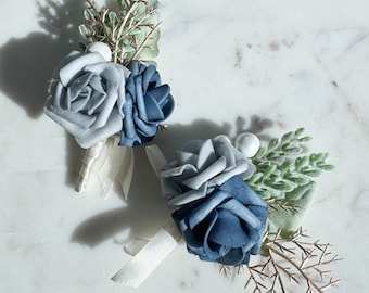 Artificial Rose Wrist Corsag and Boutonniere in Bluish-Grey Color