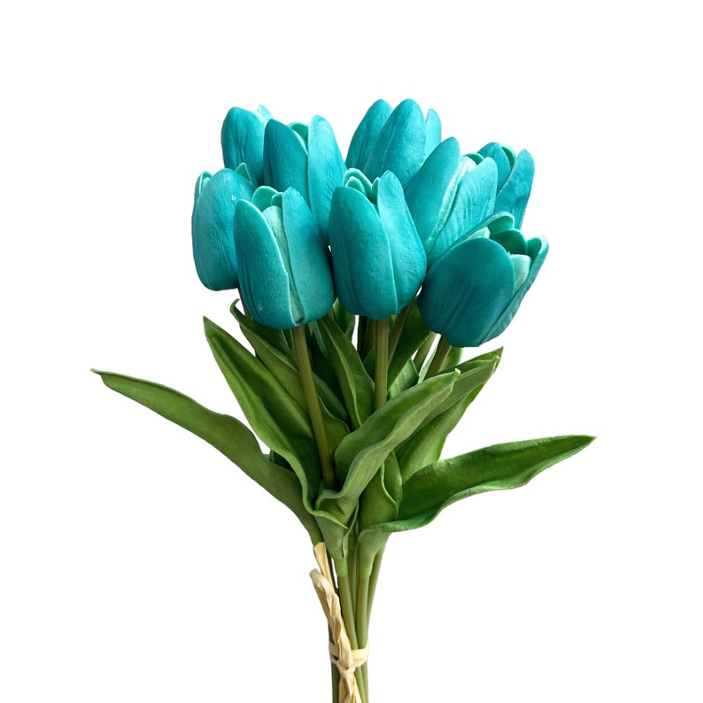 May include: A bouquet of teal blue artificial tulips with green leaves.