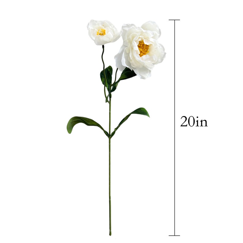 May include: A white artificial flower arrangement with two large white flowers and green leaves. The flowers have yellow centers. The arrangement is 20 inches tall.
