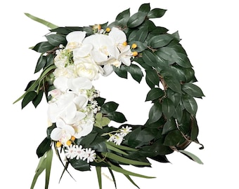 Artificial Orchids & Banyan Leaf Wreath