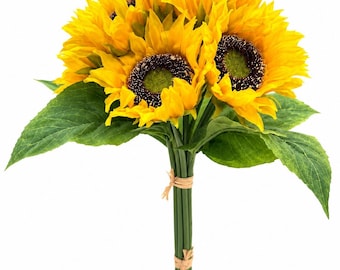 Artificial Sunflower Bouquet, 10 Stems Realistic Yellow Sunflowers, 13 Inch Faux Flowers for Vase, Fall Home Wedding Decor