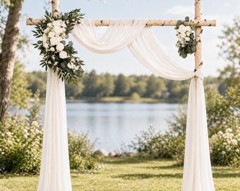 Wedding Arch Decor Set, White Flower Arch + 2 Sheer Drapes, 28"x315" Fabric Panels, Ceremony Backdrop Kit