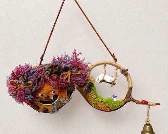 Handmade Pea Pod Wall Hanging | One of a Kind Woodland Decor | Sleeping Cat Swing | Rustic Fairy Cottage Art | Nature Gift