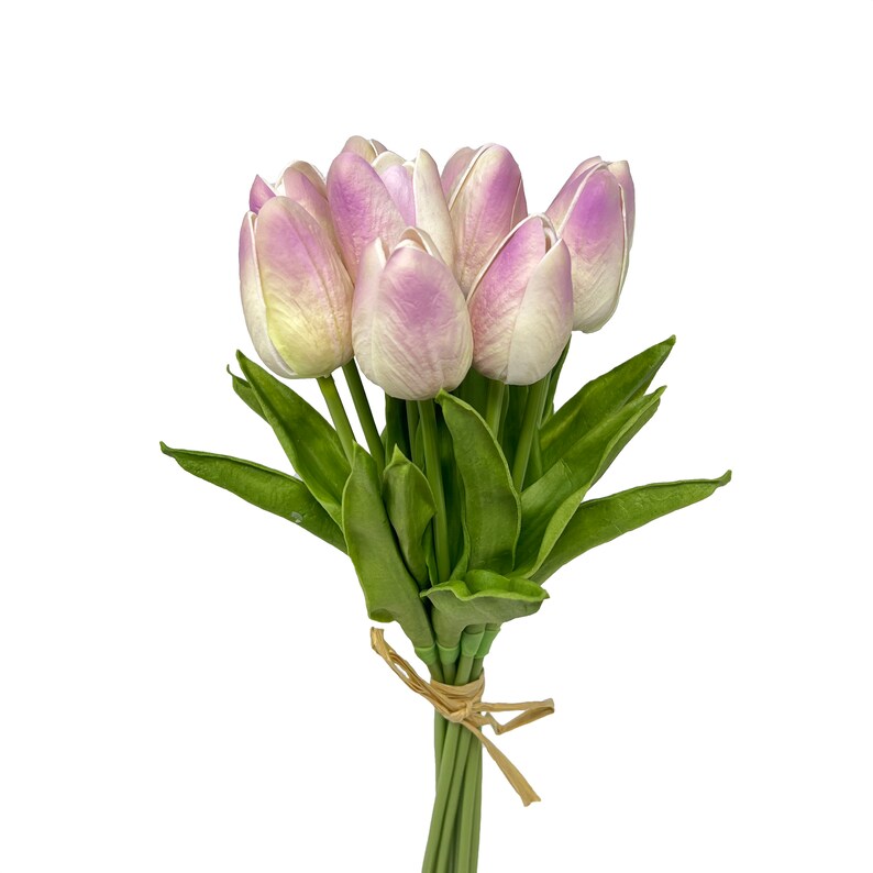 May include: A bouquet of artificial purple tulips with green leaves tied together with twine.