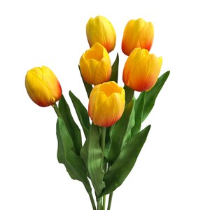 May include: A bouquet of six yellow tulips with orange tips. The tulips have green stems and leaves.
