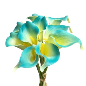 May include: A bouquet of artificial calla lilies. The flowers have a gradient of colors, with teal petals that fade into yellow near the center. The stems are green and tied together with a natural-colored twine.