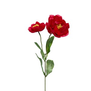 May include: A single stem of red artificial flowers with two blooms. The larger bloom is fully open and the smaller bloom is partially open. The stem has green leaves.