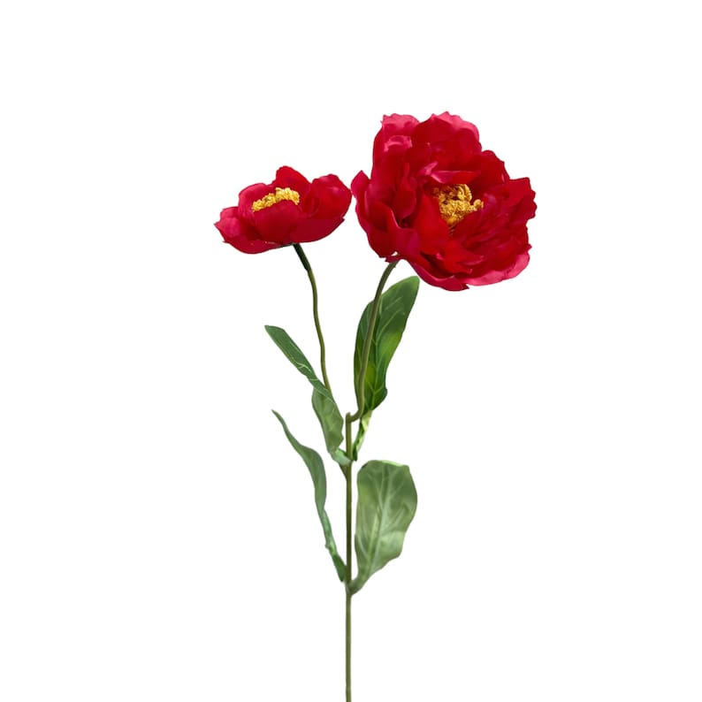 May include: A single stem of red artificial flowers with two blooms. The larger bloom is fully open and the smaller bloom is partially open. The stem has green leaves.