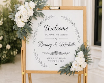 Wedding Sign Corner Flowers Set of 2, White Rose Greenery Decor for Welcome Sign, Seating Chart, Birthday Party Sign Decorations