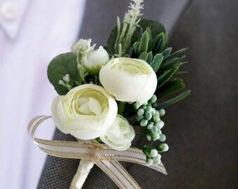 Wedding Wrist Corsage & Boutonniere Artificial Flower White/Green