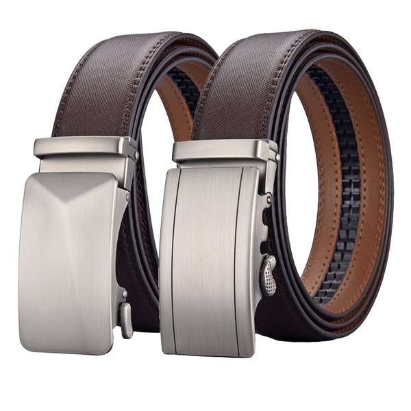 Men's Leather Ratchet Belt for Custom Fit up to 43" Waist with Adjustable Sliding Buckle - Brown