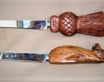 hand carved Cheese knife:  Scottish thistle or mouse handle