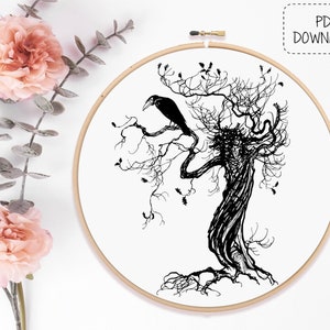 Hand embroidery pattern - PDF download - 'Crow ' (printable hoop design, line art style)