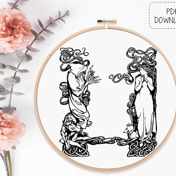 Hand embroidery pattern - PDF download - 'Wizard and Maiden' (printable hoop design, vintage line art style)