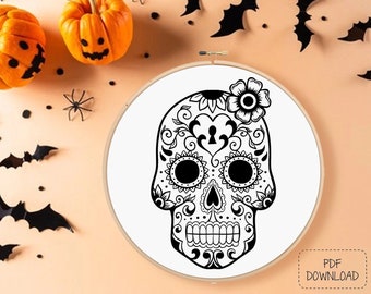 Modello di ricamo a mano - download PDF - 'Dia de los Muertos' (design del telaio stampabile, stile artistico linea calavera giorno dei morti halloween)