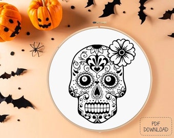 Modello di ricamo a mano - download PDF - 'Dia de los Muertos' (design del telaio stampabile, stile artistico linea calavera giorno dei morti halloween)