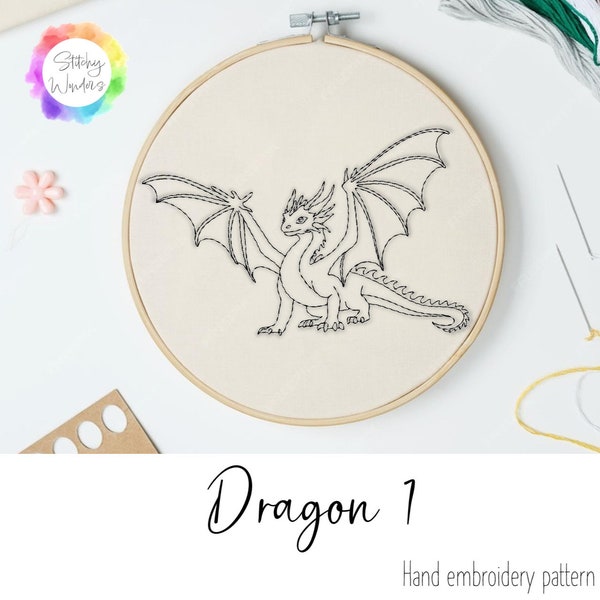 Hand-drawn embroidery pattern: Dragon (printable hoop design adorable fantasy mythical magical creature line art chart PDF PNG SVG download)